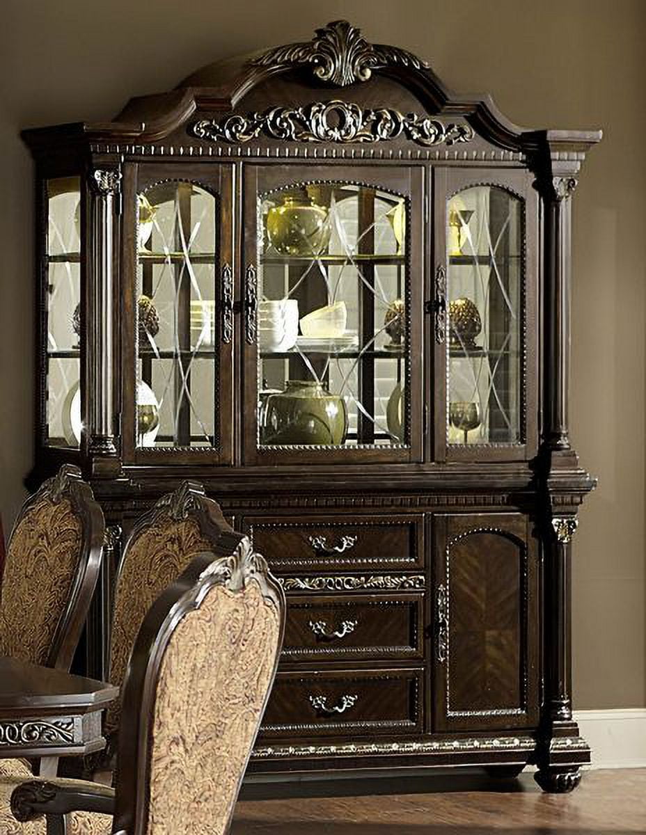 Traditional Cherry Lighted Curio Cabinet with Faux Marble Accents
