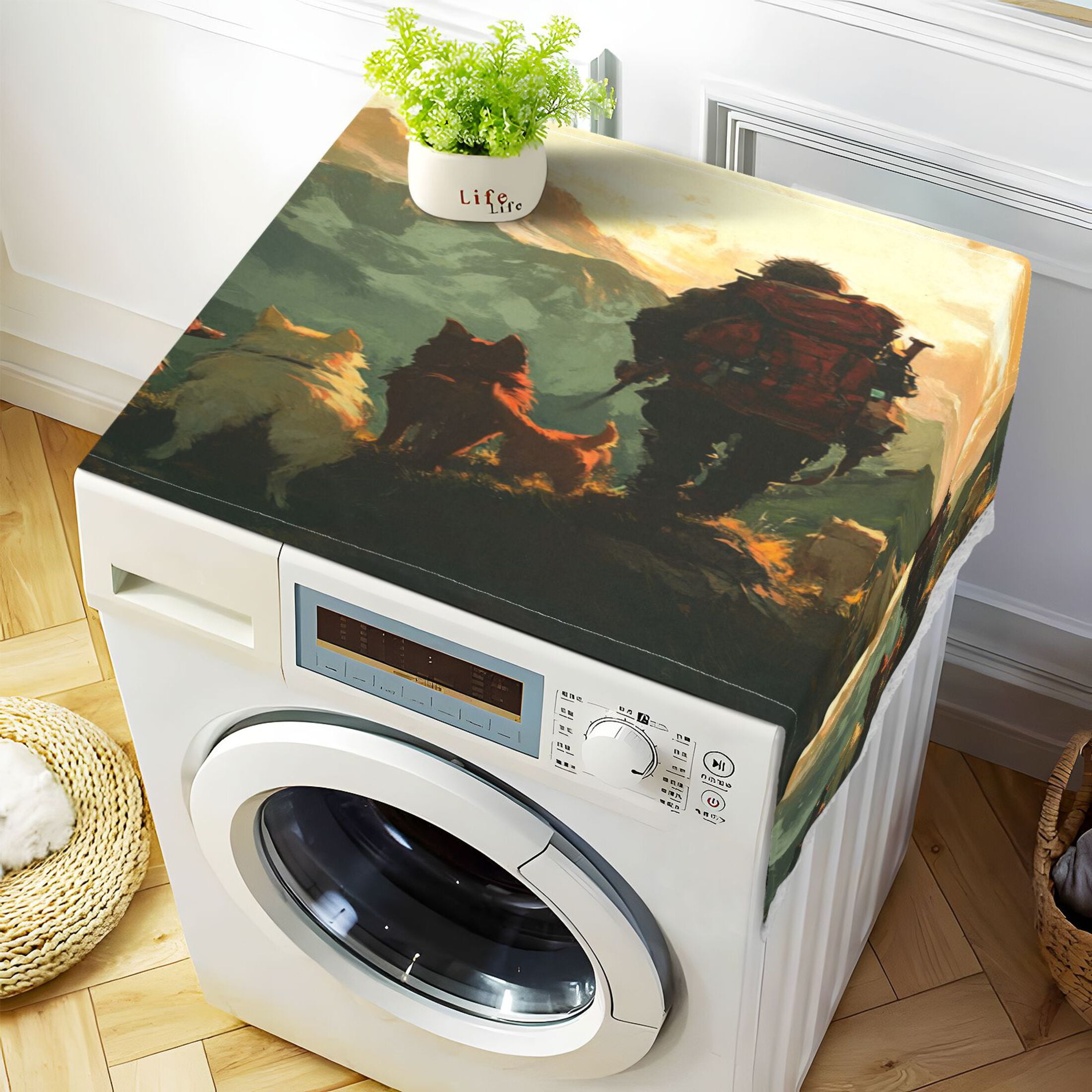 Homeless Man and DogWasher and Dryer Covers Dust-Proof and Oil Resistant Fridge Cover with 4 Storage Pockets Washing Machine Top Cover for Laundry Kitchen Home 51.2 x 22 In