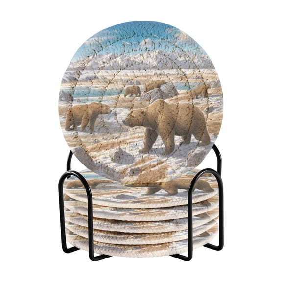 Homeless Polar Bear Drink Coasters with Holder Absorbent Coaster for Coffee Table Room Decor 6 Pack