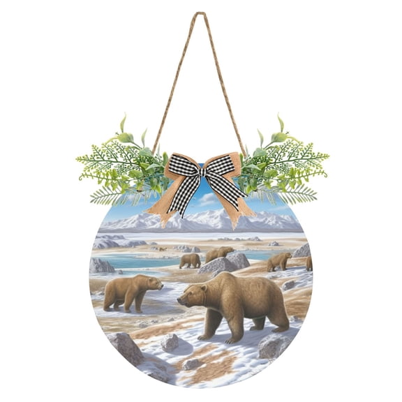 Homeless Polar Bear Front Door Porch Decoration Hanging Sign with Artificial Green Plants and Bow for Home Outdoor Indoor