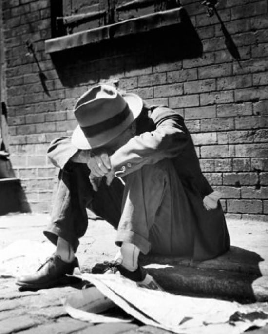 Homeless man sitting on a sidewalk Canvas Art - (24 x 36)