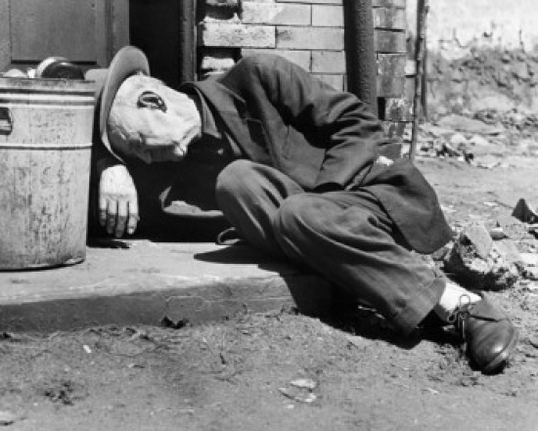 Homeless senior man sleeping near a garbage can Canvas Art - (18 x 24)