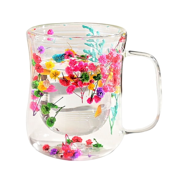 Homelife 220/300ML Double Walled Glass Cups with Insulated Handle Clear Glass Coffee Mugs Heat Resistant Floral Design Drinking Mug for Tea