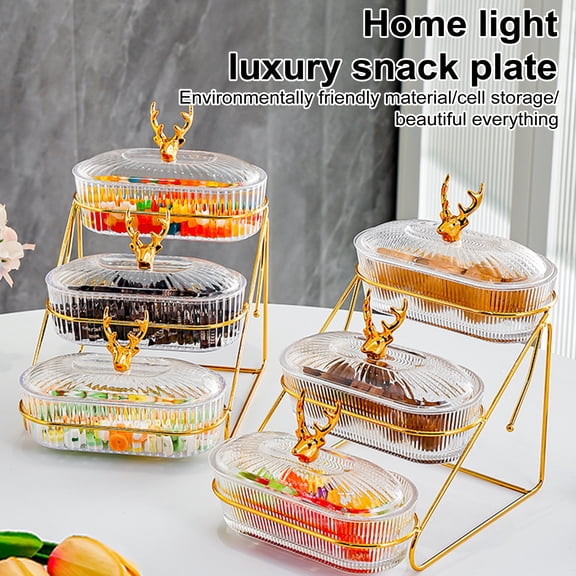 Homelife 3-Tier Dried Fruit Display Tray with Nut Stand Stylish Elk Lid Sturdy Plastic Iron Frame Fruit Plate Nordic Fashion Snack Tray for Fruits Candies Nuts