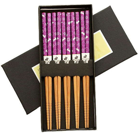 Homelife 5 Pairs Anti-slip Chopsticks Burr-free Food Grade Good Grip Non-stick Eating 6 Styles Floral Print Bamboo Chopsticks for Home