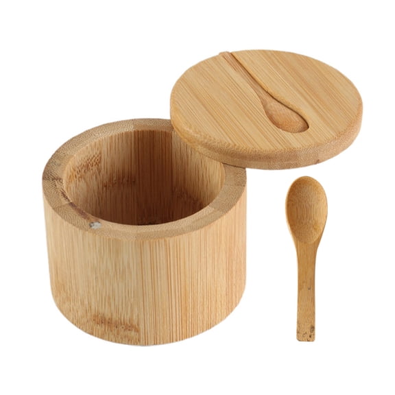Homelife Bamboo Salt Cellar with Magnetic Swivel Lid Round Salt Box for Storing Salt Pepper Sugar Herbs Functional Spice Container Storage Tank