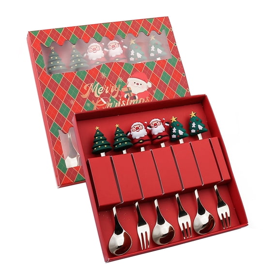 Homelife Christmas Spoon Cutlery Set Stainless Steel Xmas Dinner Forks Dessert Fruit Ice Cream Tea Cake Forks Doll Tableware Gift Box Christmas Party Supply