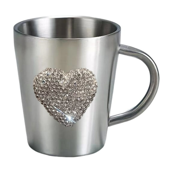 Homelife Coffee Mug Heart-Shaped Rhinestone Water Cup Stainless Steel Faux Crystal Mugs for Hot Beverage Tea Drinker Essential Gift for Coffee Lovers