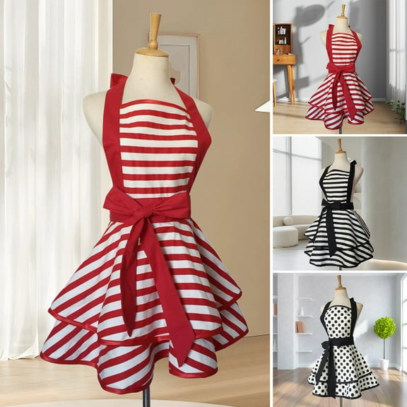 Homelife Vintage Apron for Women Kitchen Cooking Baking BBQ Grilling Stripes Chest-to-Knee Coverage Adjustable Neck Stripes Polka Dot Apron Retro Mothers Day Gifts
