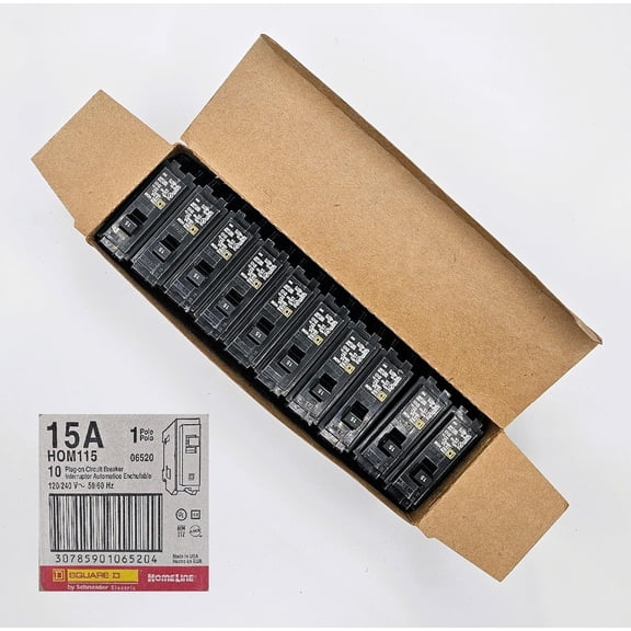 Homeline 15 Amp 1-Pole Standard Circuit Breaker, 120V, 10kA AIR, UL Listed, Plug In, HOM115, 10 Pack