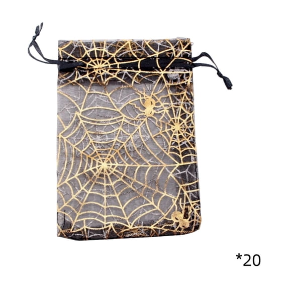 Homellea 20 Pack Halloween Organza Treat Bags, Black Mesh Drawstring Gift Pouches with Gold Spider Web Print for Candy, Party Favors, Goodie Bags and Gift Wrapping, 3.94 x 5.51 Inch