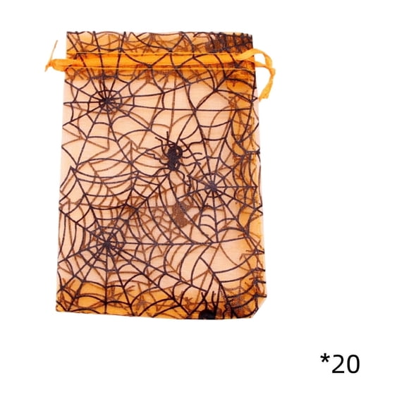 Homellea 20 Pack Halloween Organza Treat Bags, Orange Mesh Drawstring Gift Pouches with Gold Spider Web Print for Candy, Party Favors, Goodie Bags and Gift Wrapping, 3.94 x 5.51 Inch
