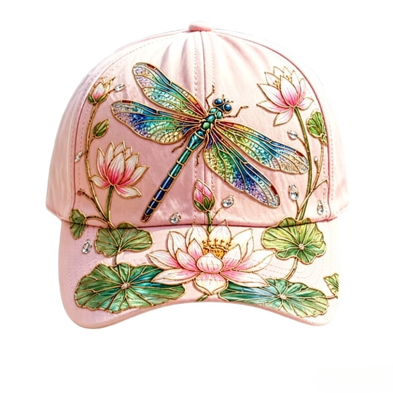 Homellea 2026 Garden Morning Cap, Dragonfly Lotus Baseball Cap with Rhinestone Accents, Adjustable Cloth Sun Hat for Women, Outdoor Travel, Beach, Vacation, Walking and Daily Wear