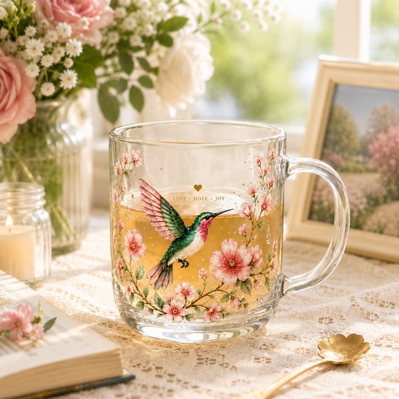 Homellea 2026 Hummingbird Morning Bliss Glass Coffee Mug, Floral Clear Glass Tea Cup with Handle for Tea, Coffee, Iced Drinks, Gift for Mom, Women, Bird Lovers, Tea Lovers and Home Kitchen