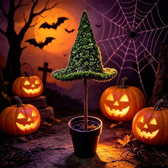 Homellea 22 Inch Artificial Witch Hat Boxwood Topiary Tree, Green Faux Potted Shrub with Halloween Hat Shape for Porch and Entryway, Front Porch, Patio, Office Lobby, Halloween Display