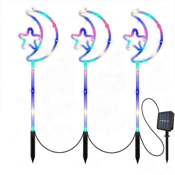 Homellea 3 Pack Solar Christmas Crescent Moon and Star Stake Lights, 21.77 Inch Multicolor LED Rope Decorations with Solar Panel for Yard, Lawn, Pathway, Garden and Holiday Display