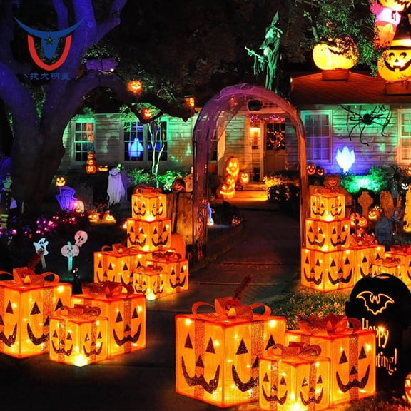 Homellea 3 Piece Halloween Light Up Gift Box Set, 10.63 Inch LED Glowing Pumpkin Face Present Boxes with Silver Bows for Mantel, Shelf, Tabletop, Window and Indoor Party Decor Accent