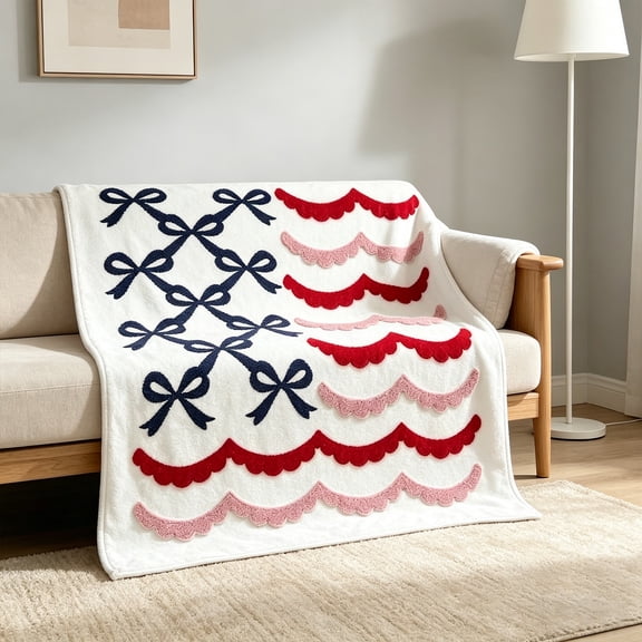 Homellea 4th of July Patriotic Bows Stripe Blanket, 27.5x39.3 in American Flag Lightweight Independence Day Decorative Throw, Red White Blue Decorations for Couch Picnic Patriotic Home