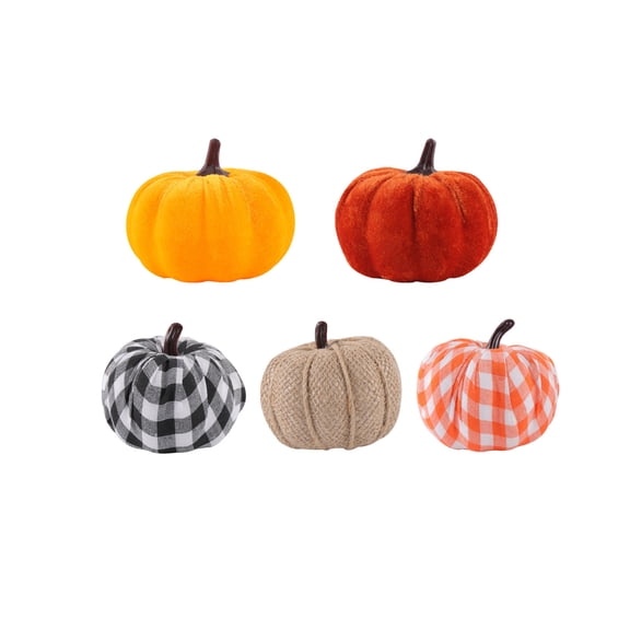 Homellea 5 Pack Mini Fabric Pumpkin Ornaments, Fall Decorative Pumpkins with Velvet, Plaid and Burlap Style Designs for Tiered Tray, Table Centerpiece, Mantel, Shelf, Thanksgiving and Harvest Decor