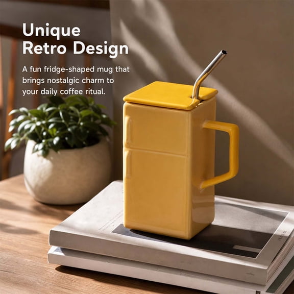 Homellea 550 ml Refrigerator Shaped Ceramic Mug, 5.31 Inch Yellow Novelty Coffee Cup with Lid and Stainless Steel Straw for Iced Coffee, Tea, Milk, Juice, Office Desk and Kitchen Counter