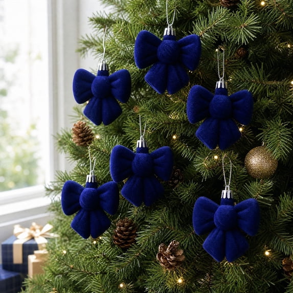 Homellea 6 Pack Velvet Bow Christmas Ornaments, Soft Bow-Shaped Hanging Decorations for Christmas Tree, Wreath, Garland, Gift Wrapping and Mantel and Holiday Party Display, 2.36 Inch, Blue