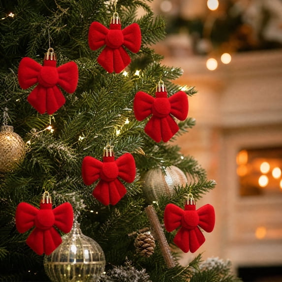 Homellea 6 Pack Velvet Bow Christmas Ornaments, Soft Bow-Shaped Hanging Decorations for Christmas Tree, Wreath, Garland, Gift Wrapping and Mantel and Holiday Party Display, 2.36 Inch, Red