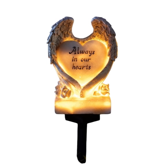 Homellea Angel Wings Heart Solar Garden Stake Light, 8.6 Inch Outdoor Memorial LED Grave Light with Always in Our Hearts Design for Cemetery, Yard, Patio, Flower Bed and Lawn Decor