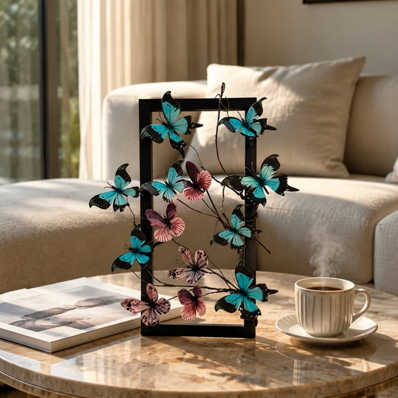 Homellea Artificial Butterfly Decorative Frame, 15.7 x 7.8 Inch Balck Green Butterfly Branch Display with Thick Black Frame for Tabletop, Shelf, Living Room, Cafe and Office Decor