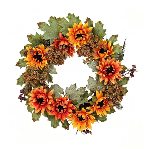 Homellea Artificial Fall Sunflower Wreath, 18 Inch Autumn Harvest Wreath with Orange Sunflowers, Green Leaves and Berry Accents for Front Door, Wall, Window, Mantel and Thanksgiving Decor