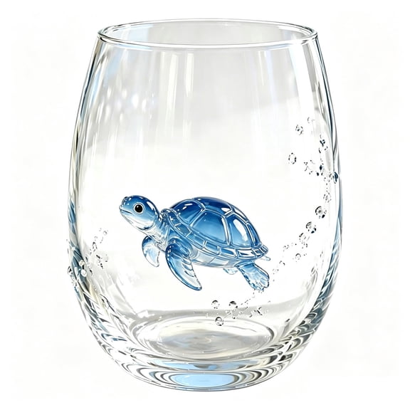 Homellea Artisanal Blue Sea Turtle Stemless Wine Glass, 3.94 Inch 2D Flat Marine Animal Glass Cup, Handcrafted Coastal Bar Glass for Juice, Cocktails, Beach House Decor and Ocean Lover Gift