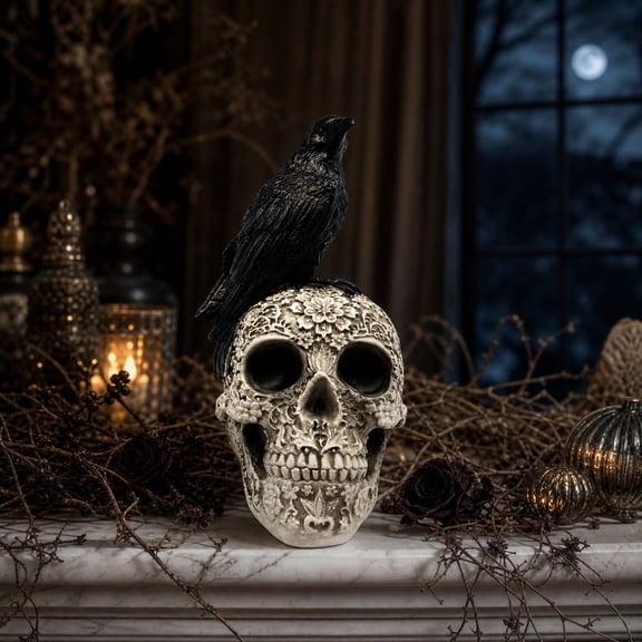 Homellea Black Raven on Skull Figurine, 7.87 Inch Gothic Playing Card Skull Resin Statue for Halloween Tabletop Decor, Mantel, Shelf, Desk, Entryway and Home Display