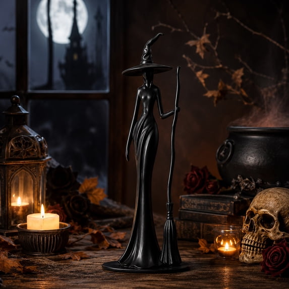 Homellea Black Witch Figurine with Broom, 7.87 Inch 3D Printed Standing Witch Statue for Halloween Decor for Mantel, Shelf, Desk, Tabletop, Entryway and Gothic Home Display