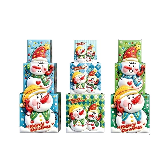 Homellea Christmas Gift Boxes Set of 3, Square Stackable Boxes in 9.84, 7.87 and 5.91 Inch Sizes with Snowman Prints for Gift Wrapping, Christmas Tree Display and Holiday Party Decor