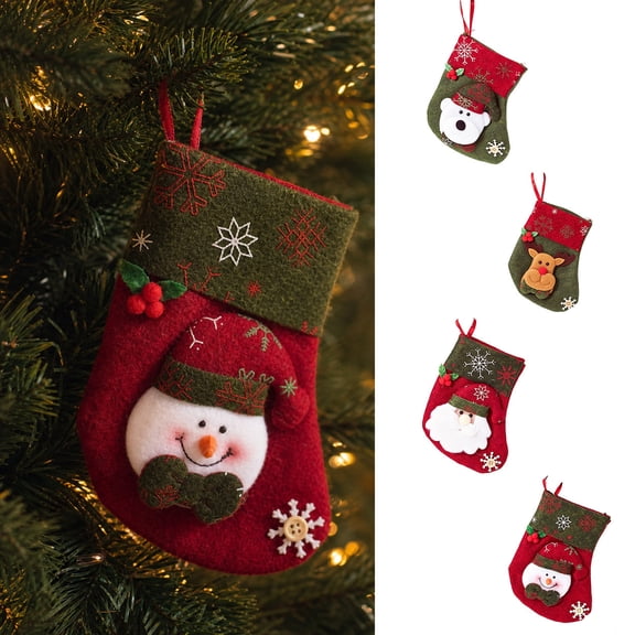 Homellea Christmas Stocking Candy Gift Bag, 7.6 Inch Green Red Mini Stocking Shaped Felt Treat Bag with Bear Face, Snowflake and Holly Accents for Xmas Tree, Party Favors and Holiday Gift Decor