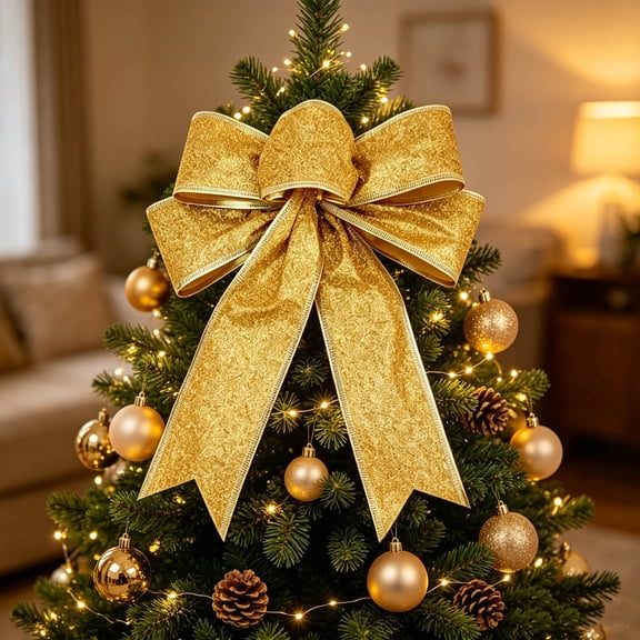 Homellea Christmas Tree Bow Ornament, Gold Fabric Bow Decoration 7.09 Inch Wide with Festive Knot Shape, Holiday Bow Decor for Tree Wreath Garland and Mantel and Seasonal Display and Decor