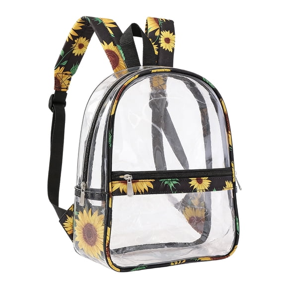 Homellea Clear Backpack, Heavy Duty PVC Transparent Backpack with Yellow Sunflower Pattern, See Through Bookbag for Stadium,Travel(Black, 4.33"x9.25"x12.6")