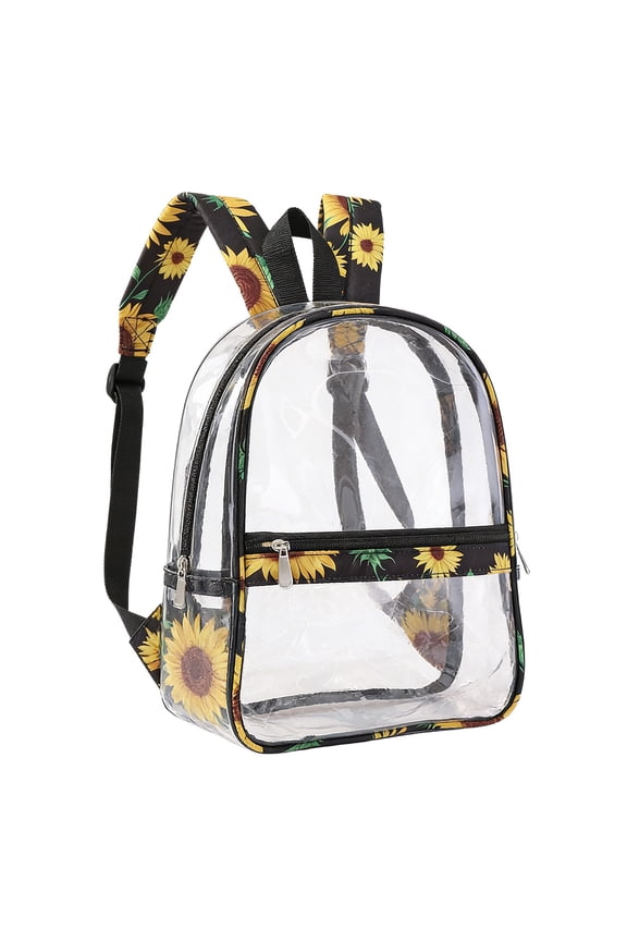 Clear Backpack, Heavy Duty PVC Transparent Backpack with Yellow Sunflower Pattern, See Through Bookbag for Stadium,Travel(Black, 4.33"x9.25"x12.6")