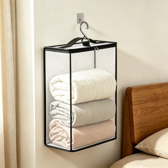 Homellea Clear Mesh Closet Organizer Bag, Zippered Hanging Storage Cube with Metal Hook and Carry Handle for Wardrobe, Shelves, Bathroom Towels, Small Clothes, Accessories and Travel