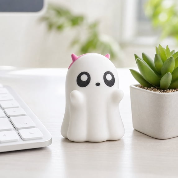 Homellea Cute Halloween Ghost Figurine, White Resin Mini Ghost Statue with Pink Horn Accent for Tabletop, Shelf, Mantel, Desk, Office, Bedroom, Party and Spooky Home Decor