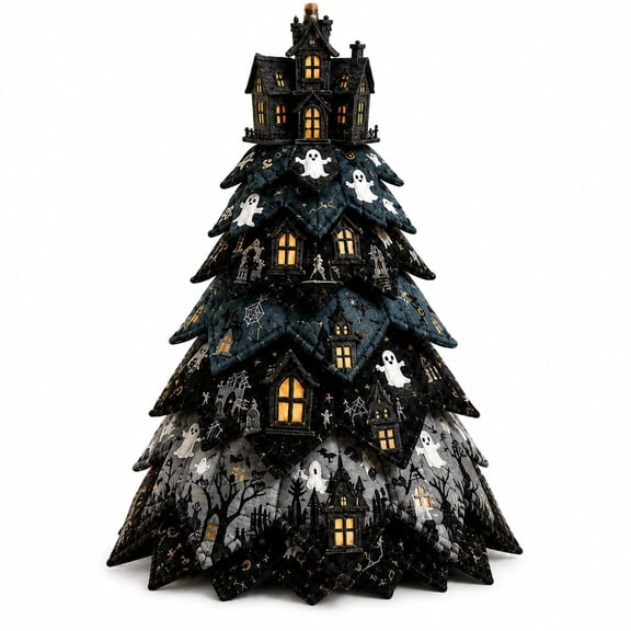 Homellea DIY Halloween Quilted Fabric Tree Kit, 11.81 Inch Finished Size 3D Sewing Craft Set with Haunted House Topper, Ghosts and Skeletons for Mantel, Shelf, Entryway and Party Decor