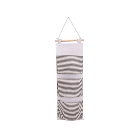 Homellea Fabric Wall Hanging Organizer with 3 Pockets, 7.87 x 22.05 Inch Striped Storage Bag with Wooden Rod and Rope for Bedroom, Bathroom, Closet, Office, Dorm and Small Item Storage