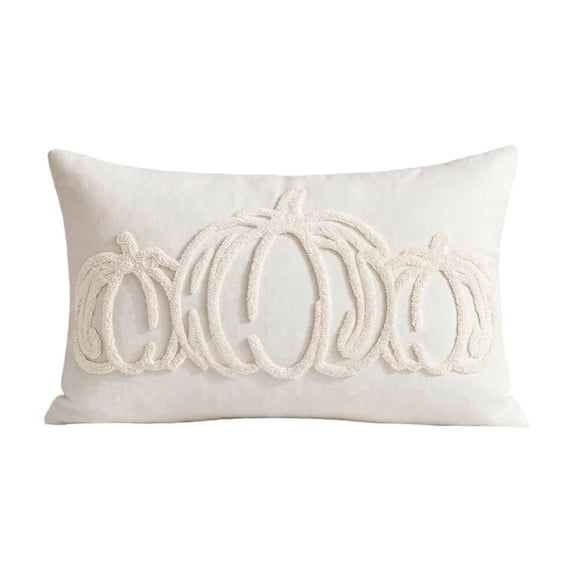 Homellea Fall Pumpkin Throw Pillow Cover, 20 x 12 Inch Cream Rectangular Cushion Case with Blue Tufted Embroidered Pumpkins for Sofa, Couch, Bed, Chair, Halloween and Thanksgiving Decor