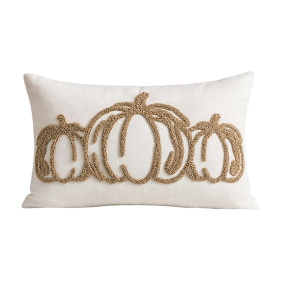 Homellea Fall Pumpkin Throw Pillow Cover, 20 x 12 Inch Cream Rectangular Cushion Case with Blue Tufted Embroidered Pumpkins for Sofa, Couch, Bed, Chair, Halloween and Thanksgiving Decor