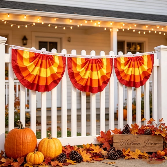 Homellea Fall Thanksgiving Pleated Fan Flags Set of 3, 35.43 x 17.7 Inch Orange Red Yellow Stripe Half Fan Bunting Banners with Grommets for Porch, Railing, Fence, Window and Yard Decor