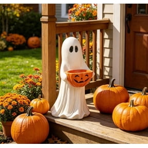 Homellea Ghost Figurine with Pumpkin Candy Bowl, 13.7 Inch Halloween Decorative Statue for Covered Porch, Entryway, Tabletop, Mantel, Shelf, Yard Display and Fall Home Decor Accent