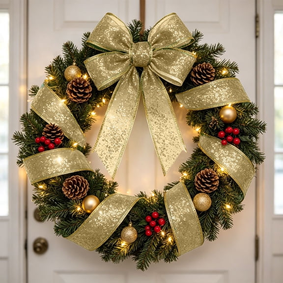 Homellea Gold Christmas Sequin Wired Ribbon Roll, 354.3 x 1.9 Inch Mesh Craft Ribbon, Wired Edge Mesh Roll for Shaping Bows Mantel Displays Stair Rails Party Backdrops and DIY Decorations