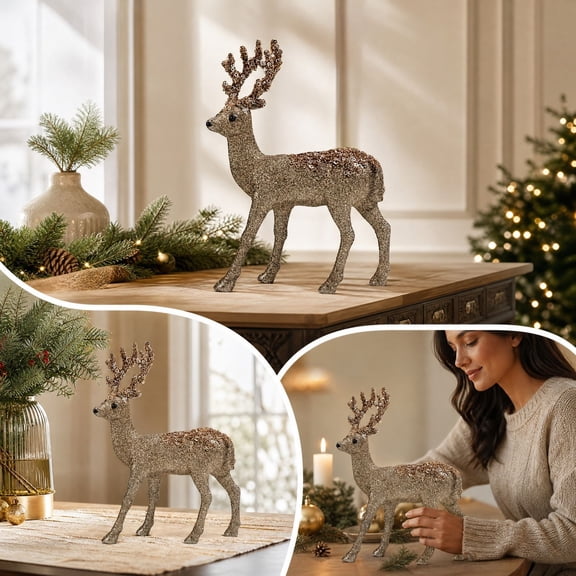 Homellea Gold Glitter Christmas Reindeer Figurine with Sparkling Antlers and Accents, Standing Deer Tabletop Ornament for Mantel, Fireplace, Shelf, Entryway and Seasonal Holiday Display