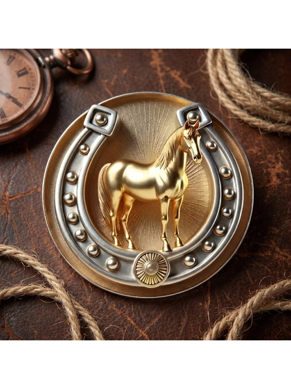 Golden Horse Horseshoe Brooch, 1.97 Inch Vintage Metal Lapel Pin with Relief Horse Design for Jacket, Scarf, Bag, Hat, Western Outfit and Equestrian Style