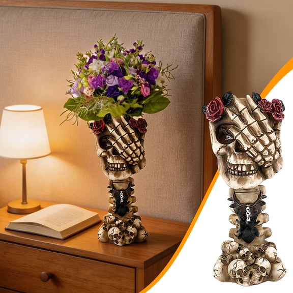 Homellea Gothic Skull Vase, 7.48 Inch Resin Skeleton Hand Flower Holder with Red Roses, Spider and Skull Base for Dried Flowers, Artificial Plants, Mantel, Shelf, Bar and Halloween Decor