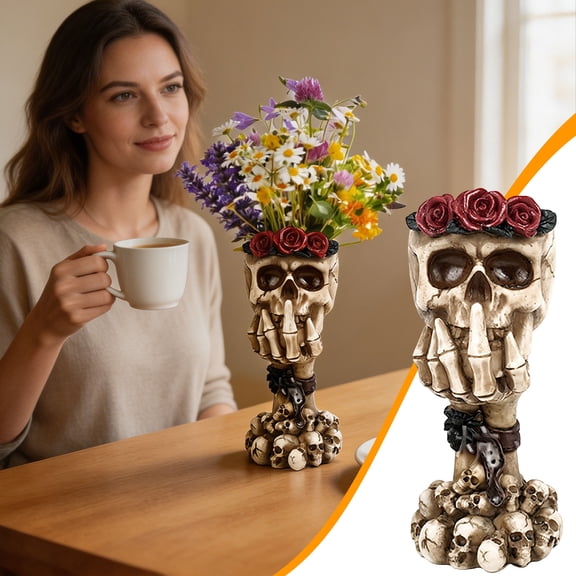 Homellea Gothic Skull Vase, 7.48 Inch Resin Skeleton Hand Flower Holder with Red Roses, Spider and Skull Base for Dried Flowers, Artificial Plants, Mantel, Shelf, Bar and Halloween Decor